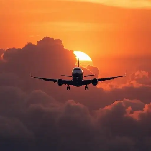 Airplane in sunset sky